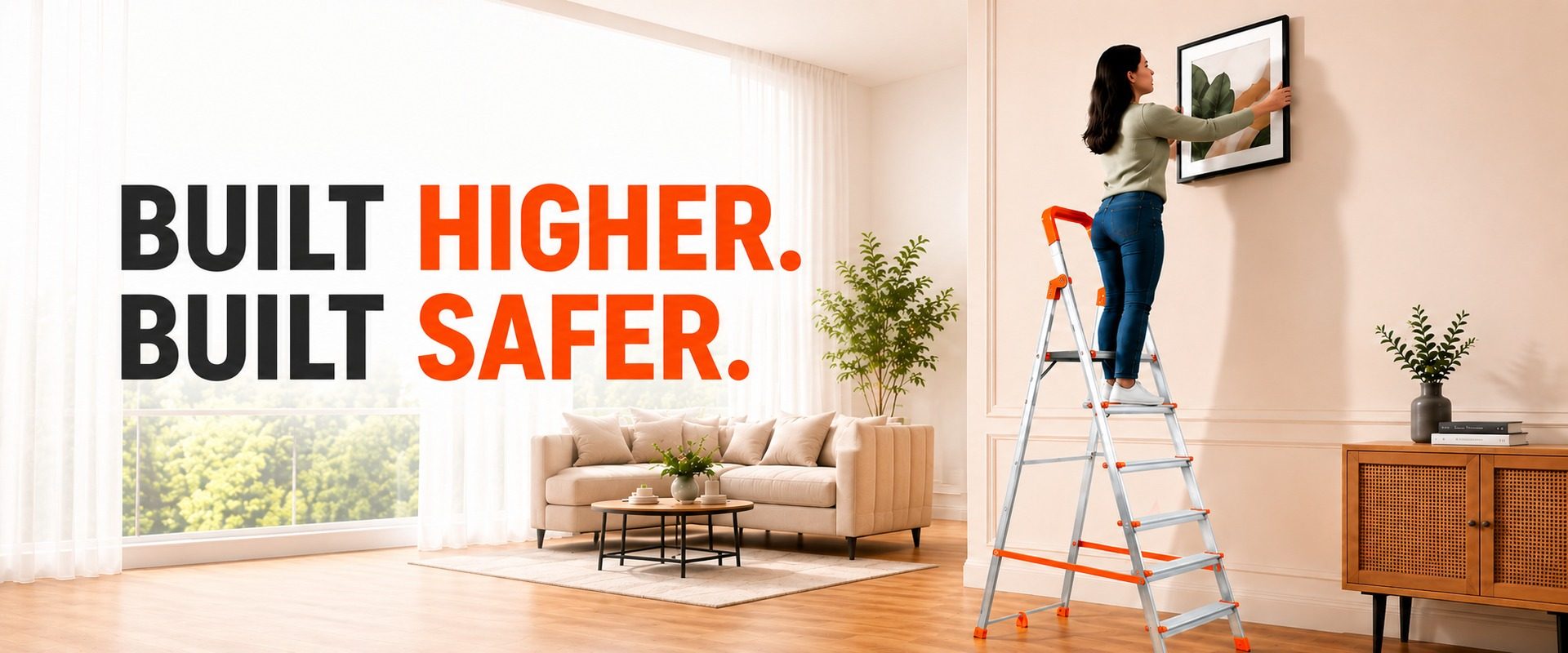 A woman safely using a Mizu Ladder step ladder at home to hang a picture frame